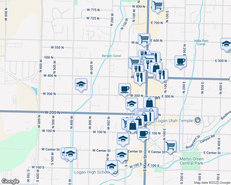 map of restaurants, bars, coffee shops, grocery stores, and more near 149 West 300 North in Logan