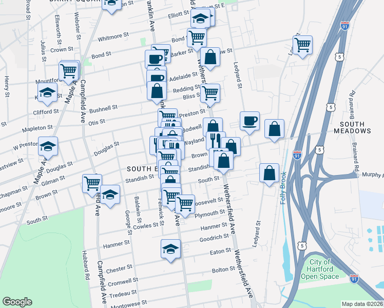 map of restaurants, bars, coffee shops, grocery stores, and more near 40 Brown Street in Hartford