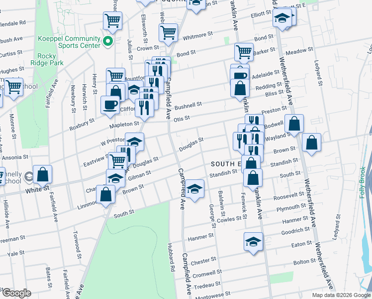 map of restaurants, bars, coffee shops, grocery stores, and more near 79 Douglas Street in Hartford