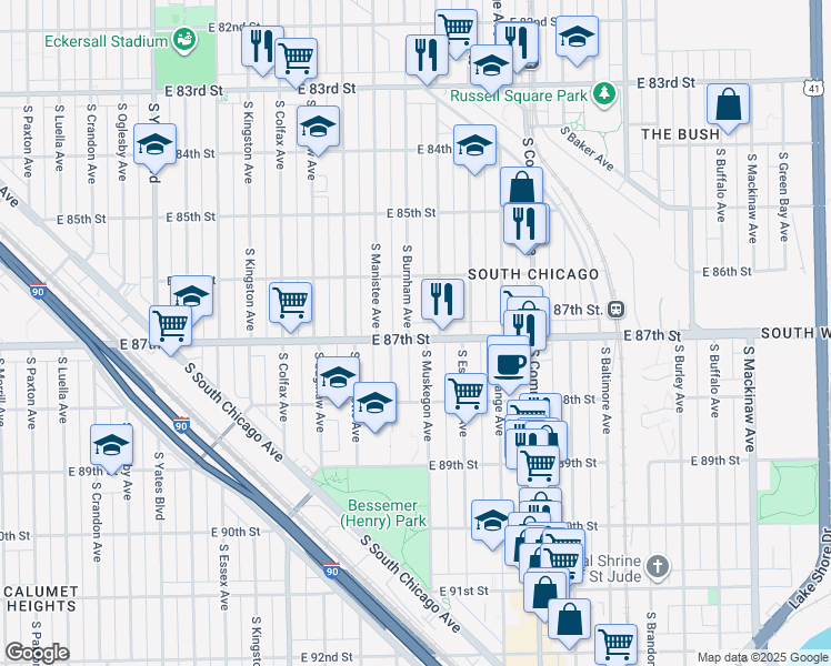 map of restaurants, bars, coffee shops, grocery stores, and more near 8652 South Burnham Avenue in Chicago