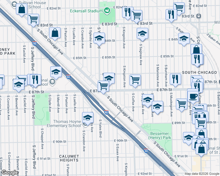 map of restaurants, bars, coffee shops, grocery stores, and more near 8652 South Essex Avenue in Chicago