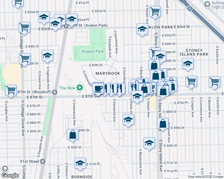 map of restaurants, bars, coffee shops, grocery stores, and more near 8668 South Kimbark Avenue in Chicago