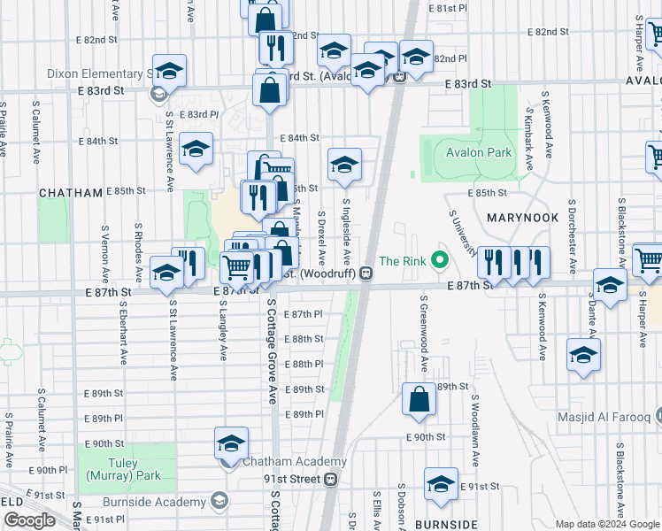 map of restaurants, bars, coffee shops, grocery stores, and more near 8630 South Ingleside Avenue in Chicago
