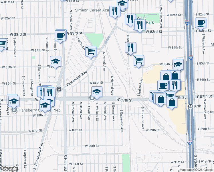 map of restaurants, bars, coffee shops, grocery stores, and more near 8609 South Parnell Avenue in Chicago
