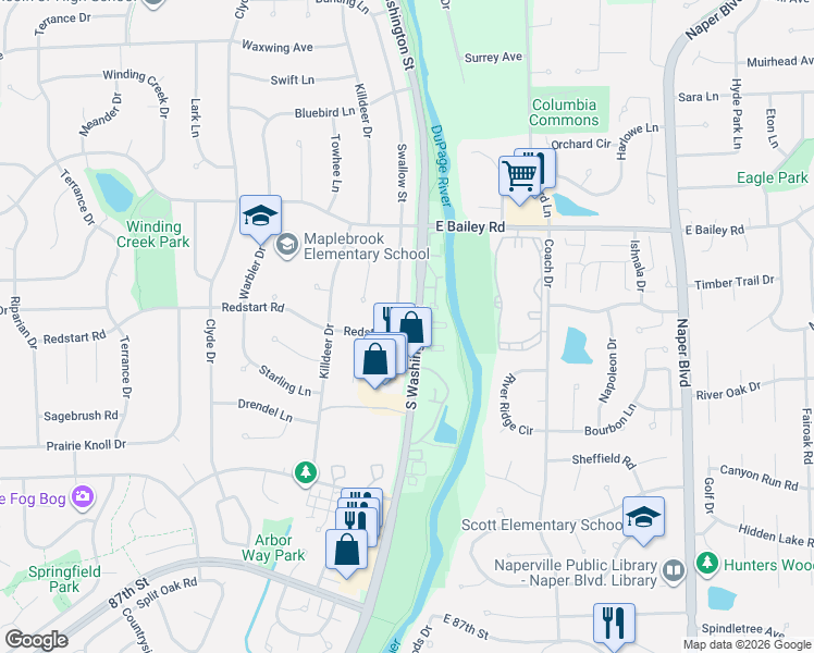 map of restaurants, bars, coffee shops, grocery stores, and more near 1711 South Washington Street in Naperville