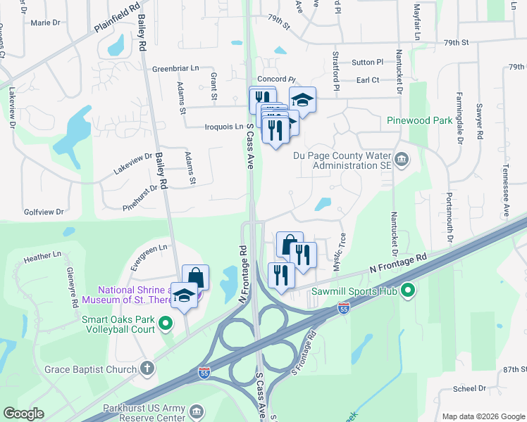 map of restaurants, bars, coffee shops, grocery stores, and more near 1132 Hinswood Drive in Darien