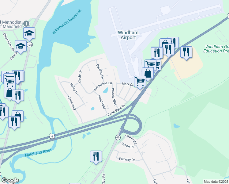 map of restaurants, bars, coffee shops, grocery stores, and more near 28 James Drive in Windham