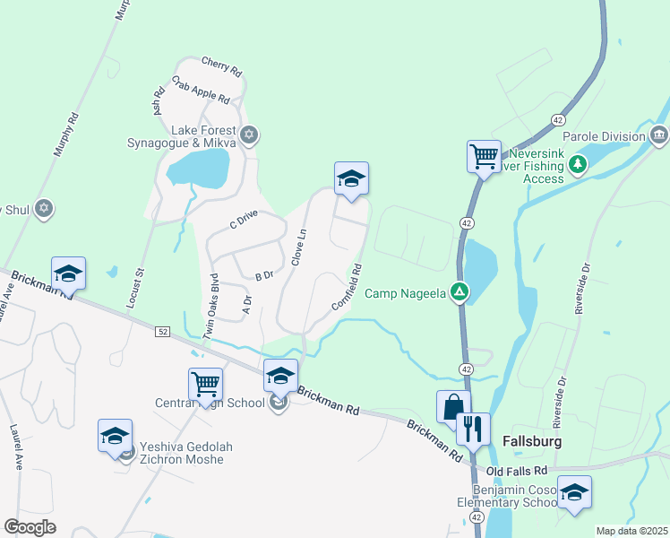 map of restaurants, bars, coffee shops, grocery stores, and more near 71 Mayflower Boulevard in Fallsburg