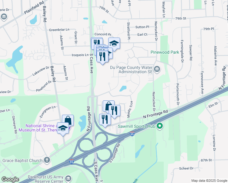 map of restaurants, bars, coffee shops, grocery stores, and more near 1057 Hinswood Drive in Darien