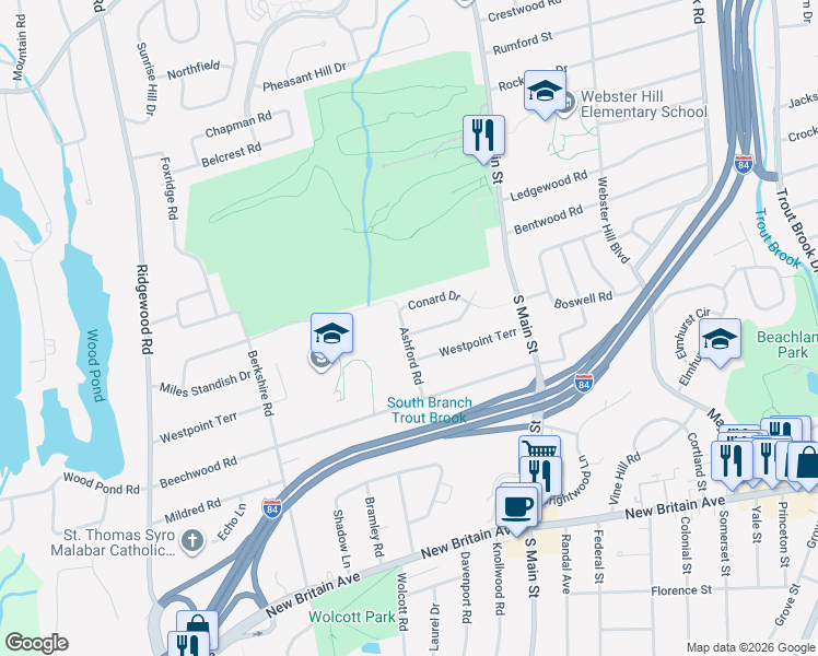 map of restaurants, bars, coffee shops, grocery stores, and more near 2 Kimberly Road in West Hartford