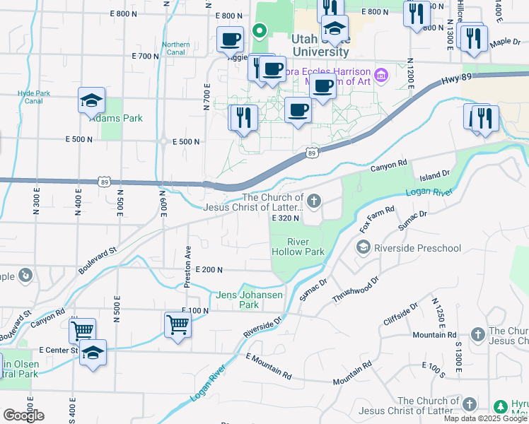 map of restaurants, bars, coffee shops, grocery stores, and more near 23 Crockett Avenue in Logan