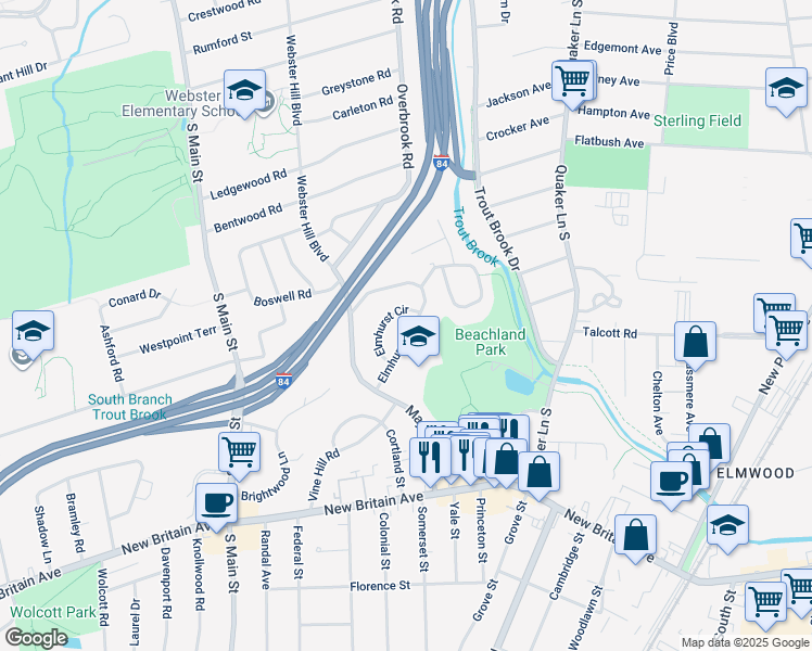 map of restaurants, bars, coffee shops, grocery stores, and more near 61 Elmhurst Street in West Hartford