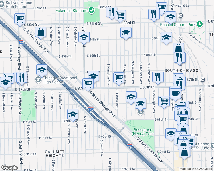 map of restaurants, bars, coffee shops, grocery stores, and more near 8650 South Kingston Avenue in Chicago