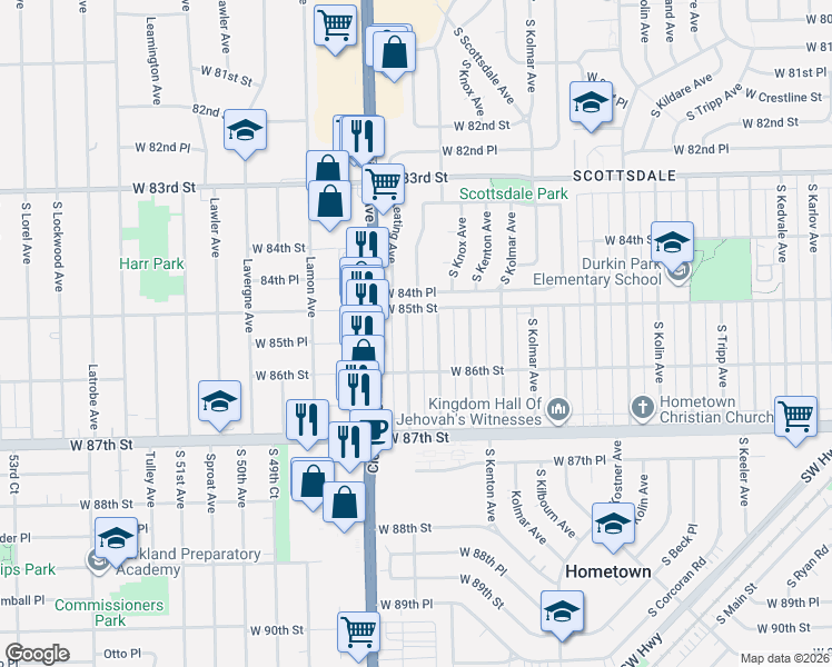 map of restaurants, bars, coffee shops, grocery stores, and more near 8521 S Keating Ave in Chicago