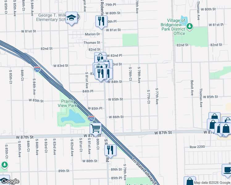 map of restaurants, bars, coffee shops, grocery stores, and more near 8429 South 79th Court in Justice