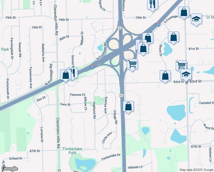 map of restaurants, bars, coffee shops, grocery stores, and more near 148 83rd Street in Willowbrook