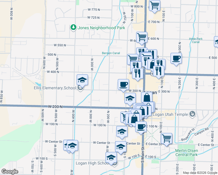 map of restaurants, bars, coffee shops, grocery stores, and more near 308 North 200 West in Logan