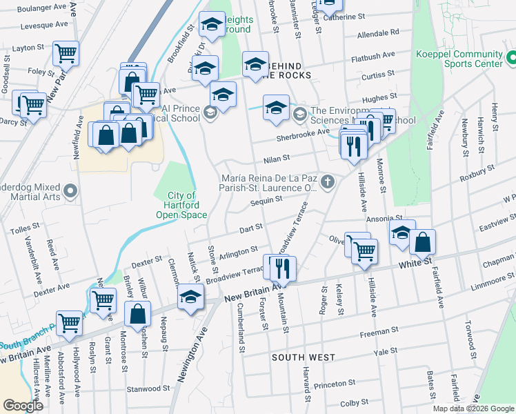 map of restaurants, bars, coffee shops, grocery stores, and more near 69 Sequin Street in Hartford