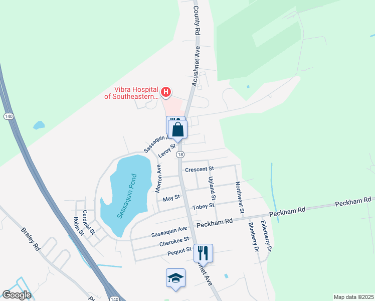 map of restaurants, bars, coffee shops, grocery stores, and more near 983 Oakley Street in New Bedford