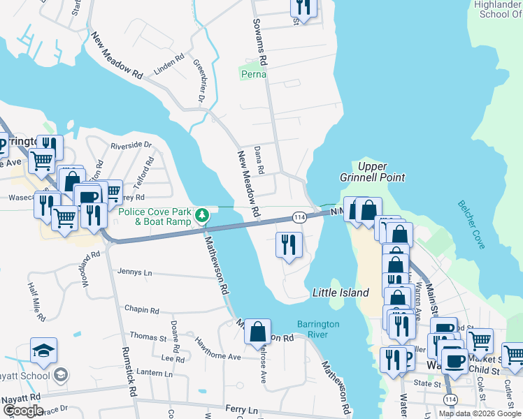map of restaurants, bars, coffee shops, grocery stores, and more near 7 New Meadow Road in Barrington