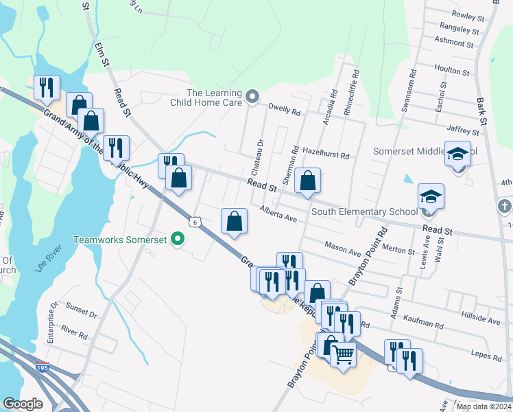 map of restaurants, bars, coffee shops, grocery stores, and more near 349 Alberta Avenue in Somerset