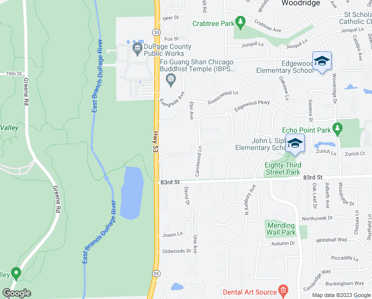 map of restaurants, bars, coffee shops, grocery stores, and more near 8113 Illinois 53 in Woodridge