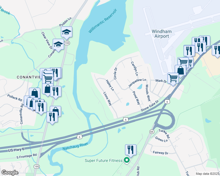 map of restaurants, bars, coffee shops, grocery stores, and more near 25 Haley Lane in Windham