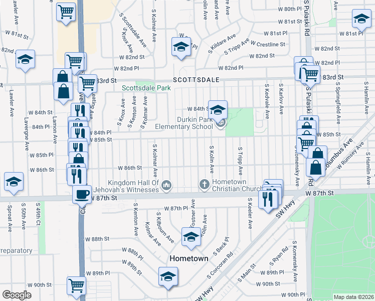 map of restaurants, bars, coffee shops, grocery stores, and more near 8525 South Kenneth Avenue in Chicago