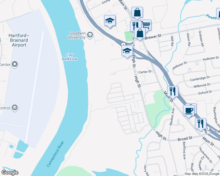 map of restaurants, bars, coffee shops, grocery stores, and more near 65 Shawnee Road in East Hartford