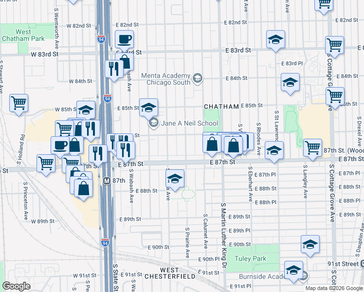 map of restaurants, bars, coffee shops, grocery stores, and more near 8624 South Prairie Avenue in Chicago