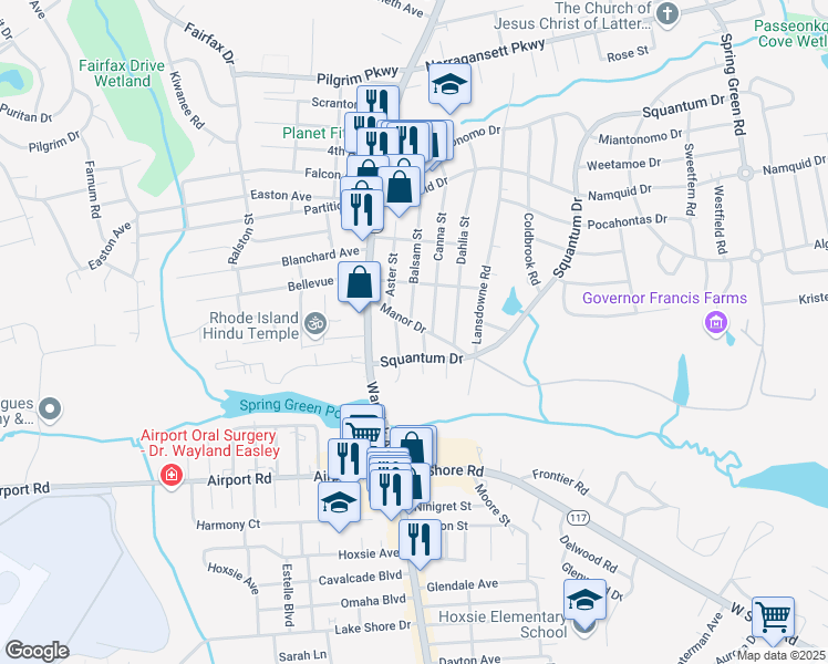 map of restaurants, bars, coffee shops, grocery stores, and more near 372 Manor Drive in Warwick