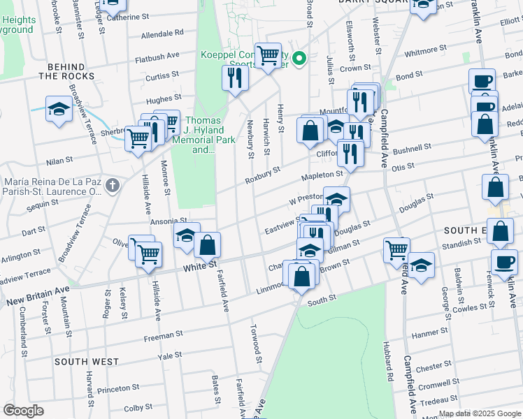 map of restaurants, bars, coffee shops, grocery stores, and more near 404 West Preston Street in Hartford