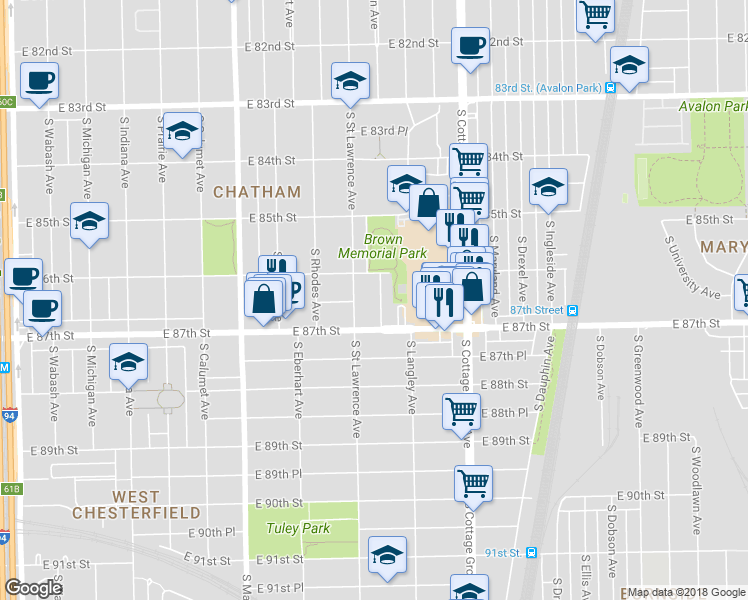 map of restaurants, bars, coffee shops, grocery stores, and more near 8628 South Champlain Avenue in Chicago