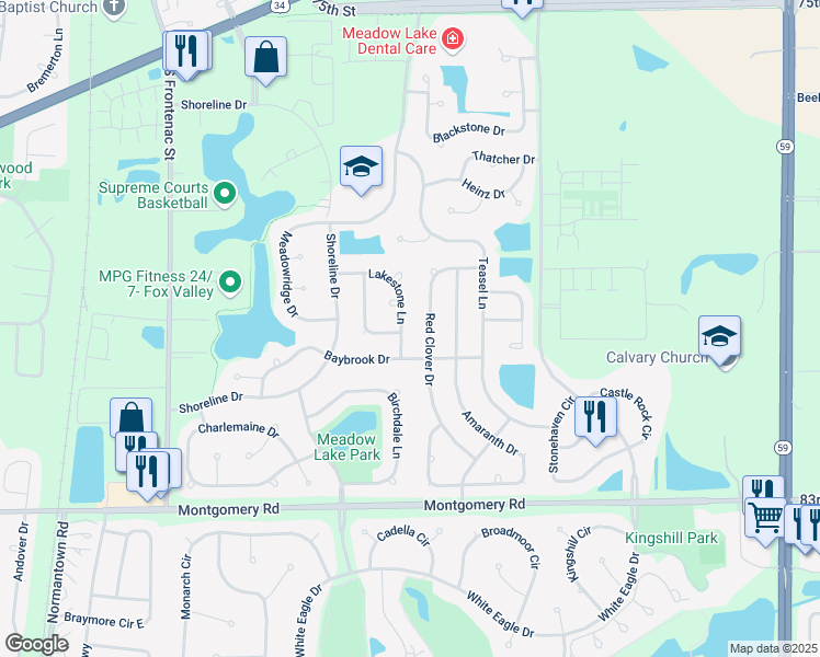 map of restaurants, bars, coffee shops, grocery stores, and more near 1036 Lakestone Lane in Aurora