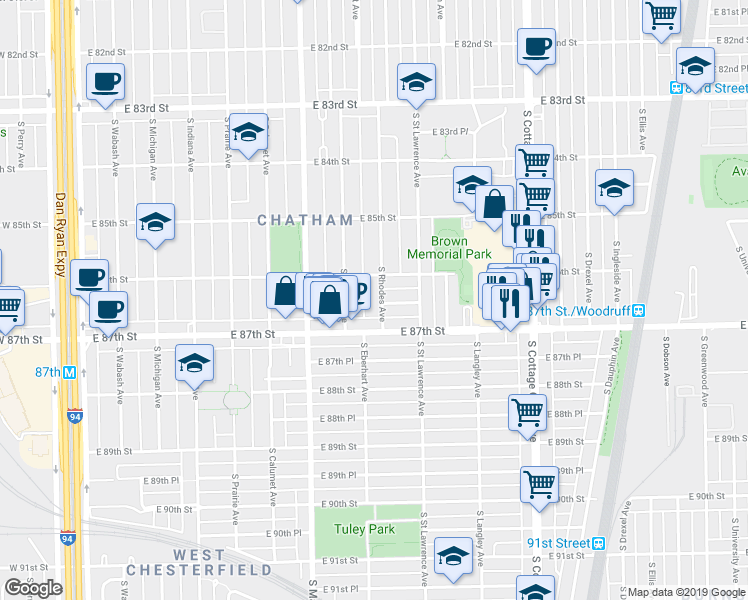 map of restaurants, bars, coffee shops, grocery stores, and more near 8626 South Rhodes Avenue in Chicago