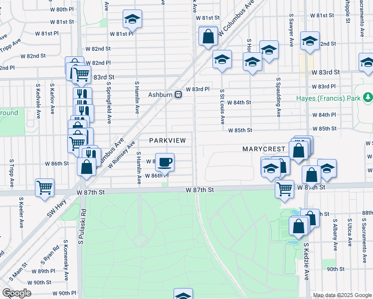 map of restaurants, bars, coffee shops, grocery stores, and more near 3611 West 85th Place in Chicago