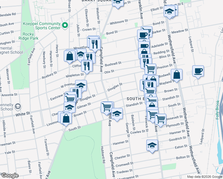 map of restaurants, bars, coffee shops, grocery stores, and more near 79 Douglas Street in Hartford