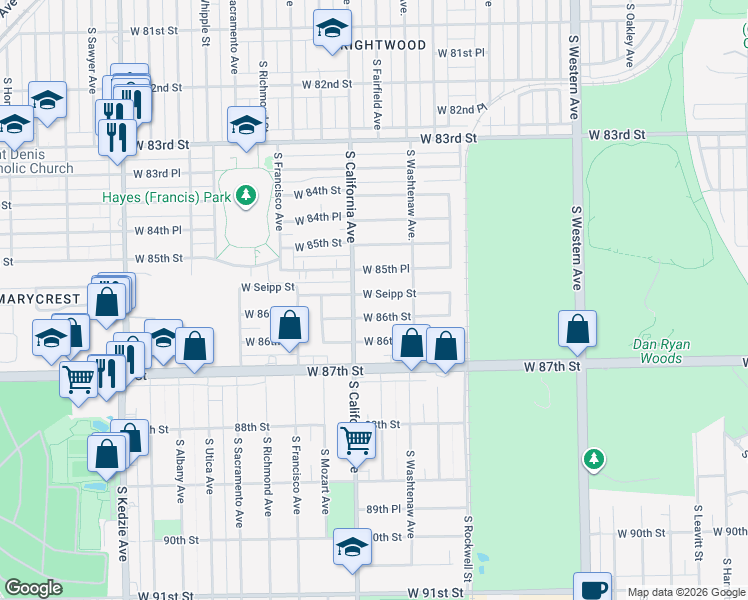 map of restaurants, bars, coffee shops, grocery stores, and more near 2743 West Seipp Street in Chicago