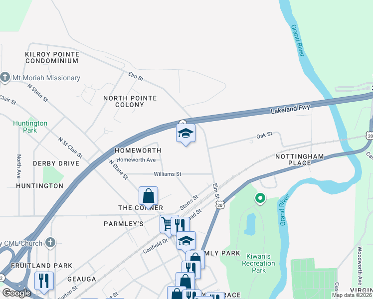 map of restaurants, bars, coffee shops, grocery stores, and more near 585 Elm Street in Painesville