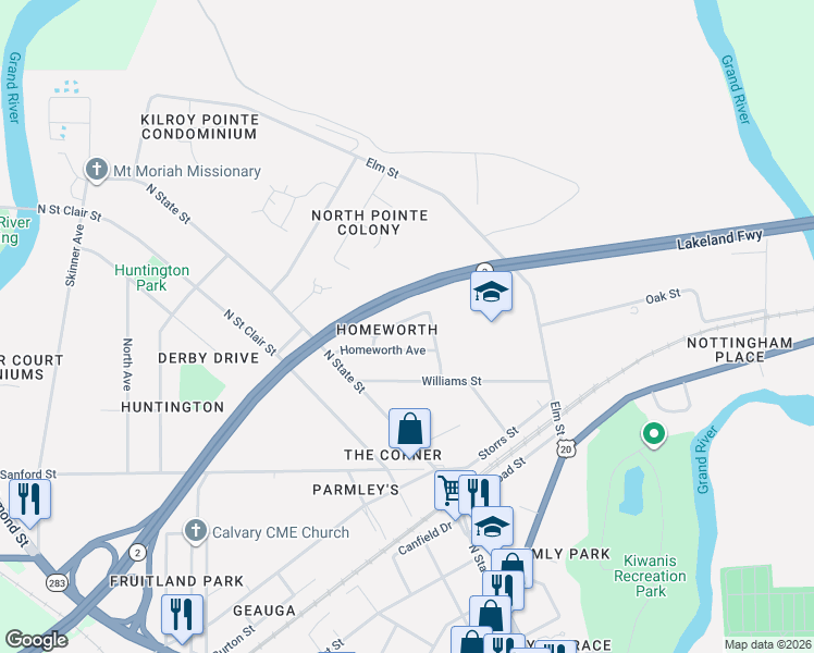 map of restaurants, bars, coffee shops, grocery stores, and more near 594 Shelby Ave in Painesville