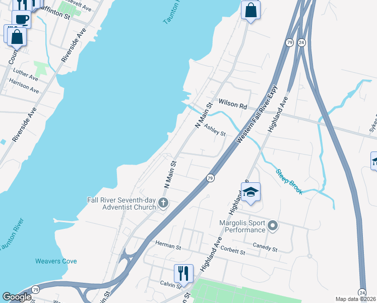 map of restaurants, bars, coffee shops, grocery stores, and more near 34 Sidney Street in Fall River
