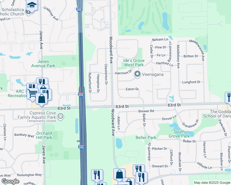 map of restaurants, bars, coffee shops, grocery stores, and more near 8236 Paddington Road in Woodridge