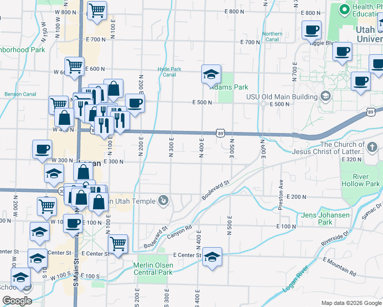 map of restaurants, bars, coffee shops, grocery stores, and more near 321 North 400 East in Logan