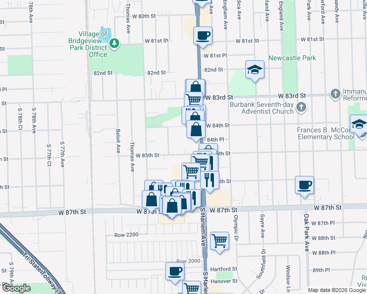 map of restaurants, bars, coffee shops, grocery stores, and more near 7232 West 85th Street in Bridgeview
