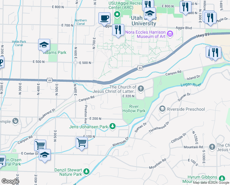 map of restaurants, bars, coffee shops, grocery stores, and more near 800 Canyon Road in Logan