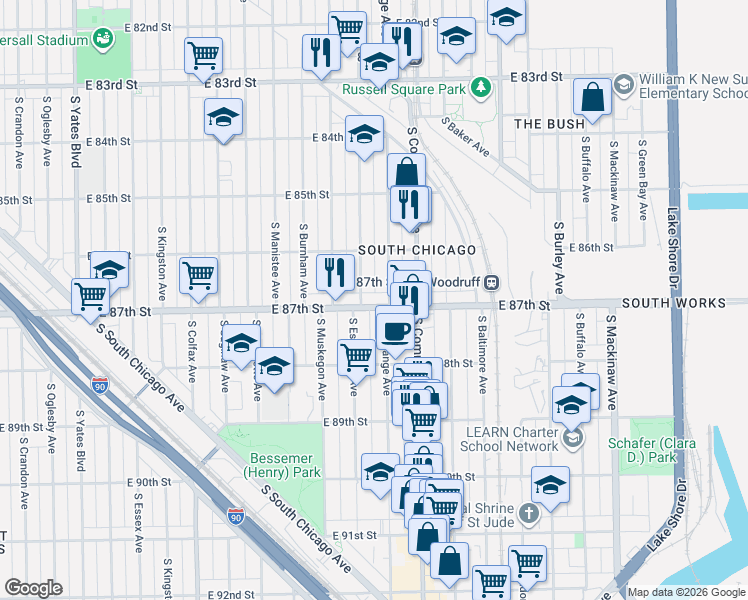 map of restaurants, bars, coffee shops, grocery stores, and more near 2906 East 87th Street in Chicago