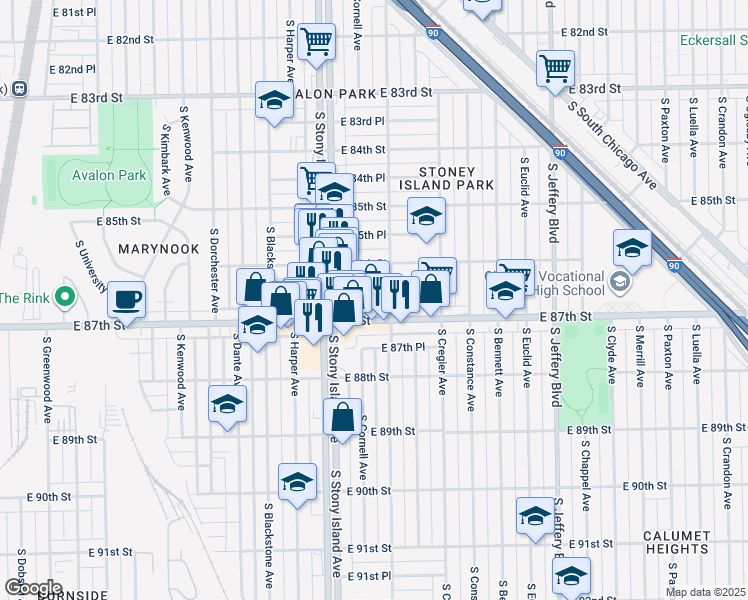 map of restaurants, bars, coffee shops, grocery stores, and more near 1641 East 87th Street in Chicago