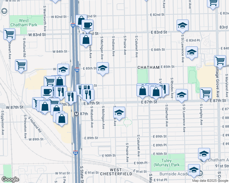 map of restaurants, bars, coffee shops, grocery stores, and more near 8626 South Indiana Avenue in Chicago