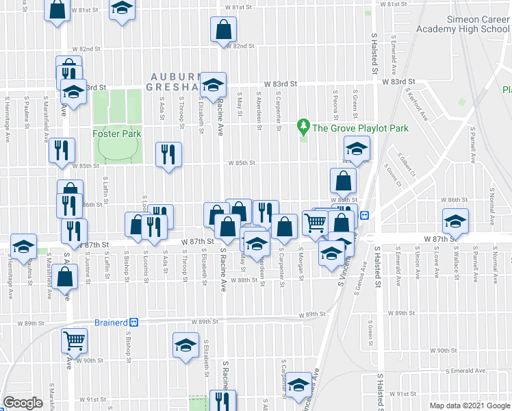 map of restaurants, bars, coffee shops, grocery stores, and more near 8606 South Aberdeen Street in Chicago