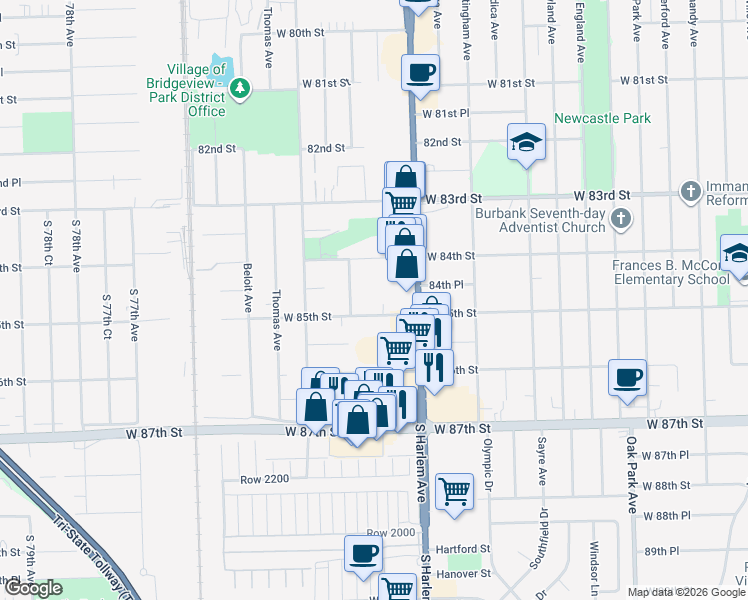 map of restaurants, bars, coffee shops, grocery stores, and more near 7232 West 85th Street in Bridgeview
